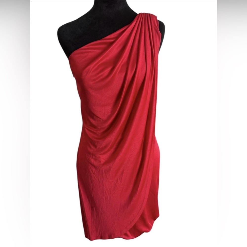 THEIA Red One Shoulder Draped Mini Dress with Black Sequined Waist- Size 2